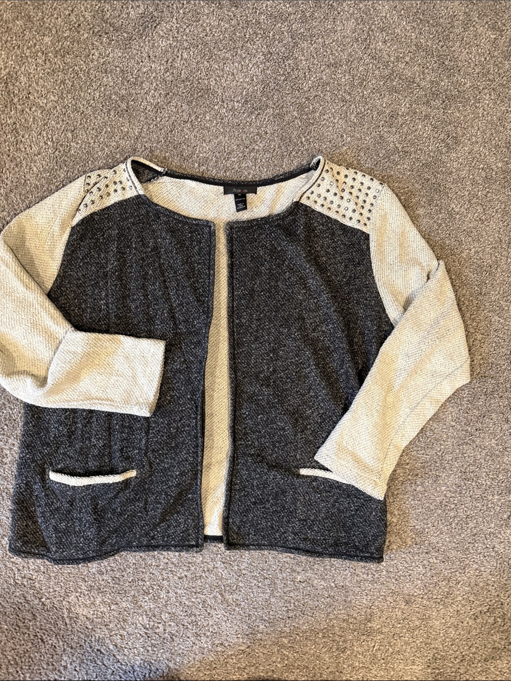 Style & Co. Two-Tone Open Front Jacket in Cream & Charcoal